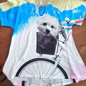 Dog Bicycle Graphic Tee Small | Linen Cotton Stretch Shirt | Artsy Novelty Top